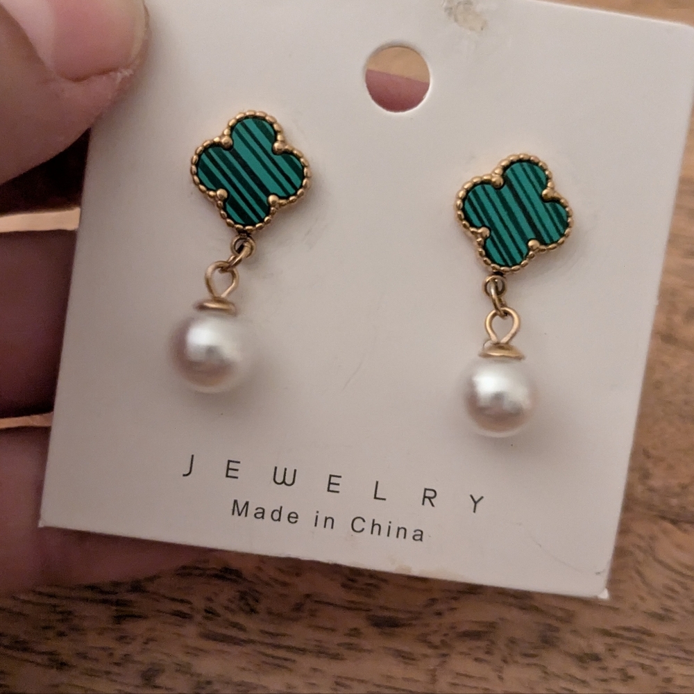 Genuine Pearl And Faux Malachite Drop Earrings